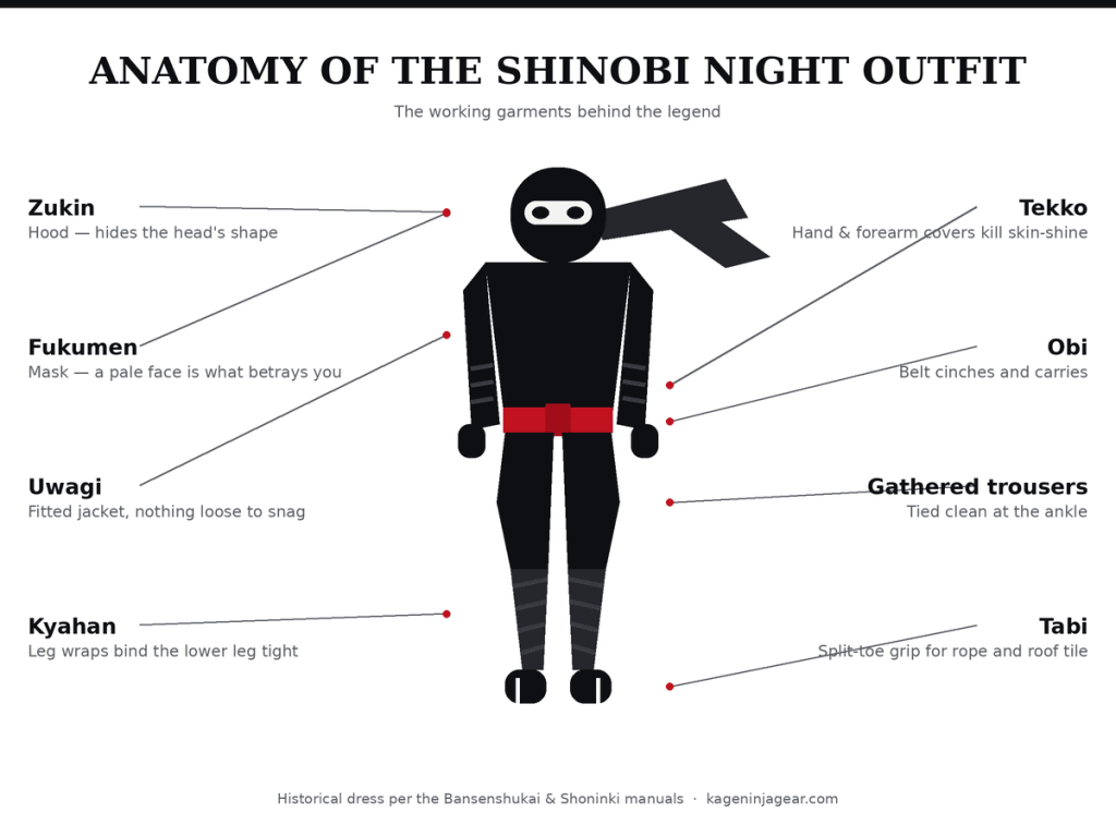 Labeled diagram of traditional shinobi night outfit: zukin hood, fukumen mask, uwagi jacket, tekko hand covers, obi belt, gathered trousers, kyahan leg wraps, split-toe tabi