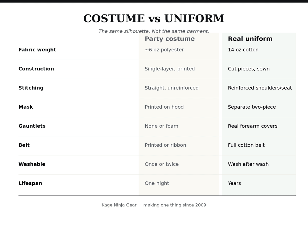 Comparison table of party ninja costume versus real ninja uniform: fabric weight, construction, stitching, mask, gauntlets, belt, washability and lifespan